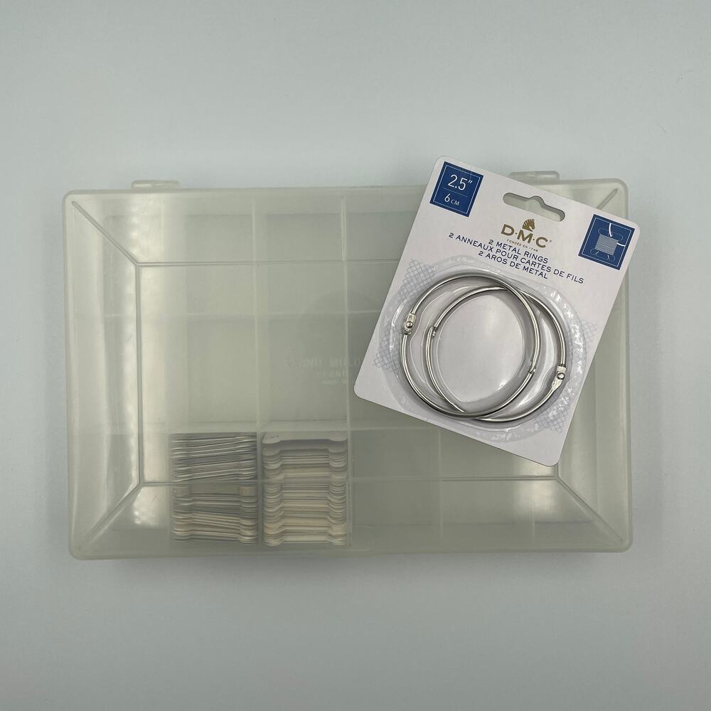 Embroidery Floss plastic storage container 100 cards bobbins DMC metal rings